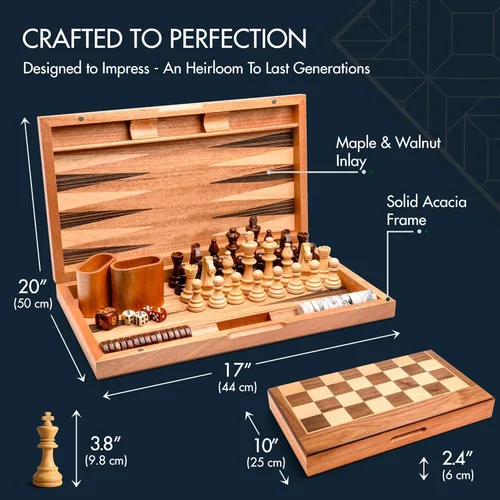 Miniatura 4 de Pointworks Juegos de backgammon de 17 pulgadas para adultos. Hermoso juego de mesa de backgammon con incrustaciones de madera con damas y dados