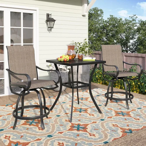 Miniatura 12 de PHI VILLA Juego de 2 taburetes de bar giratorios para exteriores, sillas de patio de altura de mostrador con tela textil impermeable, marrón, marco