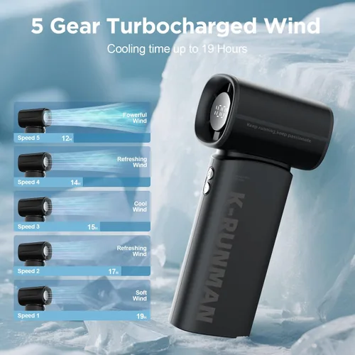 Miniatura 3 de Ventilador turbo portátil de mano, 5 velocidades, viento fuerte, mini ventilador personal con pantalla LED, enfriamiento máximo de 19 horas, Negro