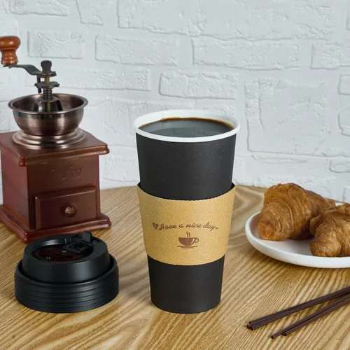Miniatura 4 de LITOPAK Paquete de 50 tazas de café de papel de 20 onzas para bebidas de chocolate caliente, tazas de café desechables negras con tapas, fundas y 20