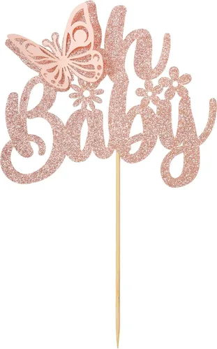 Miniatura 11 de Gyufise 1 pieza de mariposa Oh Baby Cake Topper Glitter Baby Shower Butterfly Cake Pick para revelación de género Baby Shower Niños fiesta de Rojo