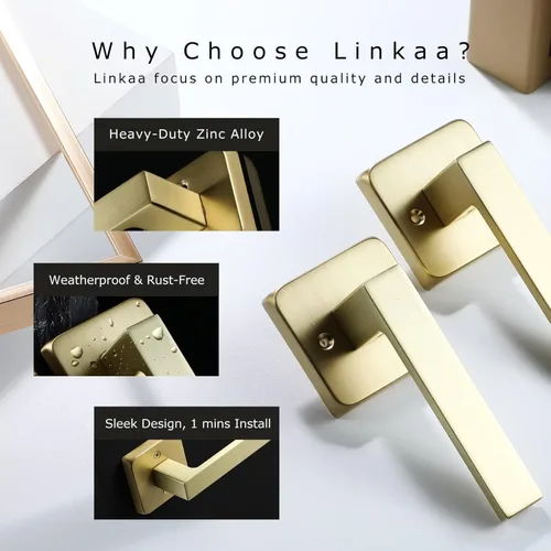 Miniatura 5 de Linkaa Paquete de 2 manijas de puerta cuadradas de latón satinado para puertas interiores para armario y pasillo, lavandería interior (1 par
