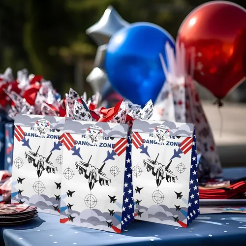 Miniatura 5 de Bolsas de regalo de fiesta de avión de combate Outego – 24 piezas de bolsas de regalo estilo avión de combate con 2 diseños, bolsas de papel