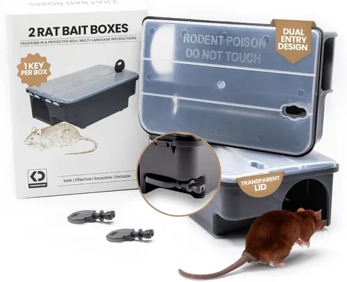 Estación profesional de cebo para ratas y ratones, 2 cajas de trampa para ratas con cerradura resistente a la intemperie con tapa transparente y