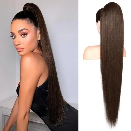 Miniatura 30 de Flufymooz - Extensión de cola de caballo de 26 pulgadas, extensiones de cabello con cordón y clip rectas, cola de caballo falsa natural suave