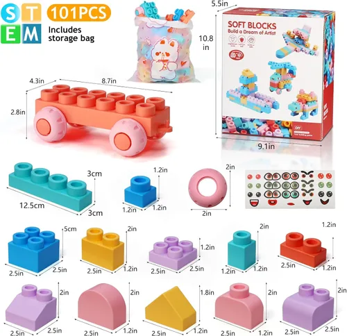 Juegos de bloques blandos para niños de 2 a 6 años, juguete preescolar para educación temprana, interactivo, con 101 piezas y bolsa de