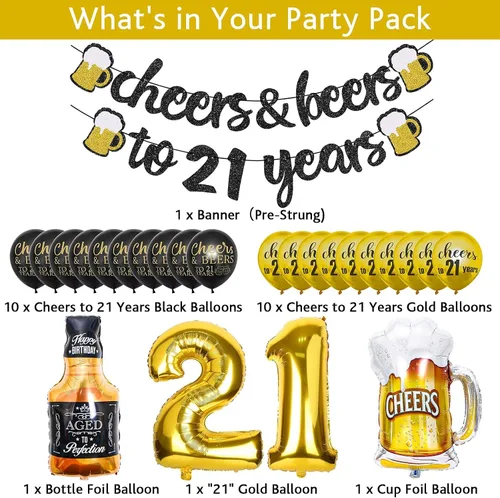 Miniatura 2 de 21st Birthday Anniversary Decorations for Men Women (Black Gold) Gold Foil Balloon, Cheers Cup Foil Balloon for Wedding Anniversary Party Supplies