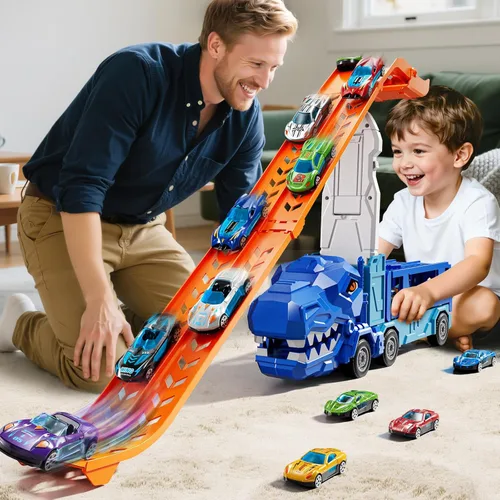 Miniatura 2 de Juego de pistas de camiones para niños de 3, 4, 5, 6 años, camión de dinosaurio, pista de carreras con 12 juguetes de autos de carreras fundidos a