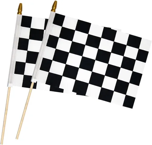 2 banderas a cuadros de 8 x 12 pulgadas, bandera de carreras en blanco y negro con palo de madera de 14.5 pulgadas, bandera de mano con parte