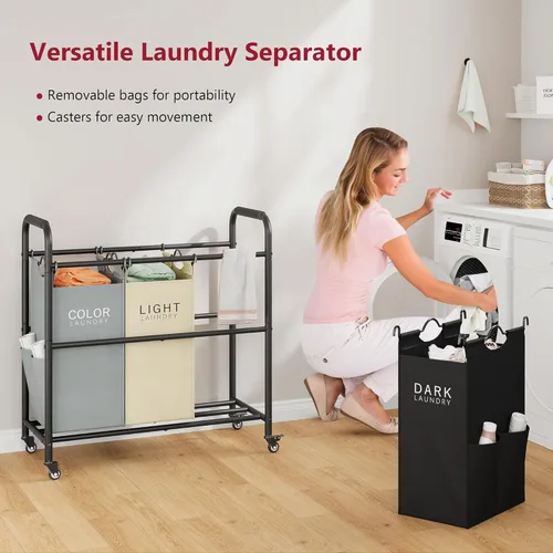 Miniatura 2 de Tajsoon Carrito clasificador de ropa sucia de 3 bolsas, cesta clasificadora de cestas de lavandería con ruedas resistentes con cerradura