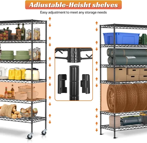 Miniatura 8 de Estantes de almacenamiento de 6 niveles, estantería de alambre de metal, altura ajustable, NSF resistente para garaje con ruedas, 48 x 18 x 82