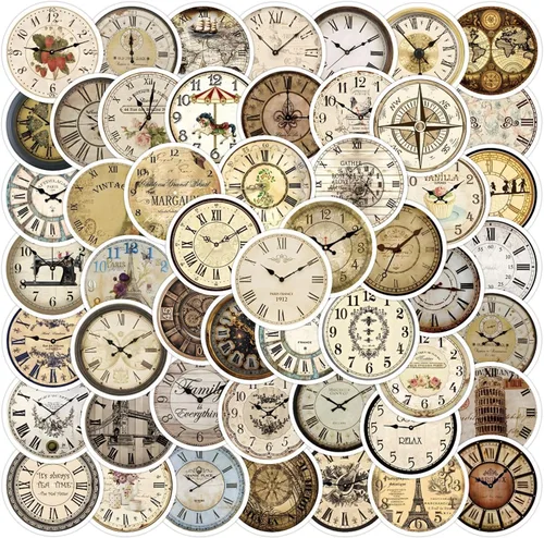 Calcomanías de reloj retro para álbumes de recortes, 50 unidades de calcomanías vintage de piezas de tiempo, calcomanías de vinilo impermeables para