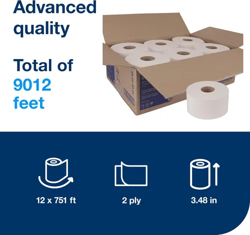 Miniatura 2 de Tork Advanced 12024402 rollo de papel tisú doble hoja para baño gigante compacto, 7.36 pulgadas de diámetro x 3.55 pulgadas de ancho, 751 pies