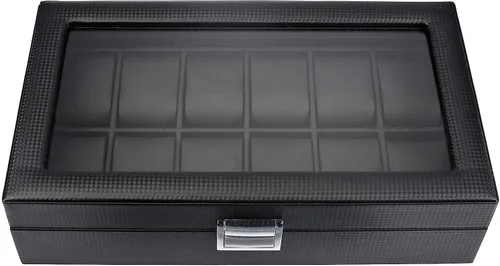 Miniatura 7 de Mantello Caja de reloj 12 ranuras para hombres Caja de reloj con tapa de cristal grande Organizador de caja de reloj para hombre (negro)