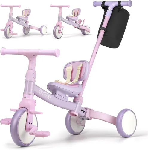 Phobby Triciclo 5 en 1 para niños pequeños con mango de dirección para niños de 1, 2, 3, 4 años, triciclo para niños con pedales extraíbles, juguete