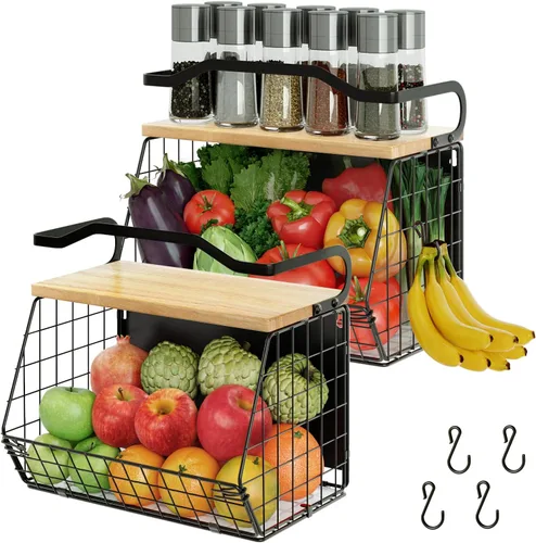 Miniatura 14 de Mefirt 2 cestas de frutas para almacenamiento de cocina con tapa de madera, cesta de pared apilable para cocina, organizador de encimera para Marrón