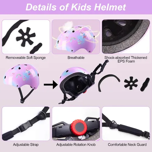 Miniatura 5 de Casco para niños, casco de bicicleta para niños pequeños con pegatinas DIY Unicornio, rodilleras y coderas ajustables, juego de protección para Rosa