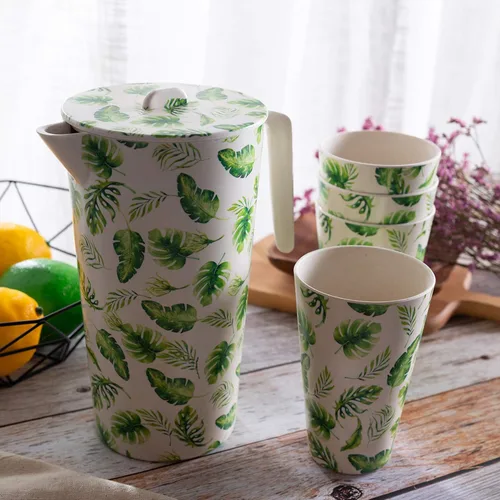 Miniatura 4 de Jarra de agua con tapa y 4 tazas de fibra de bambú para beber patrón de hojas para interior y exterior