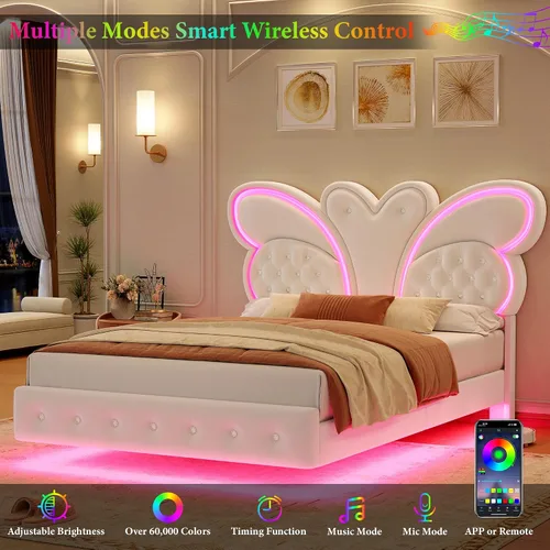 Miniatura 3 de Keyluv Base de cama Queen con cabecera tapizada con patrón de mariposa, moderna cama flotante con luces LED, botón copetudo en cabecero y estribo