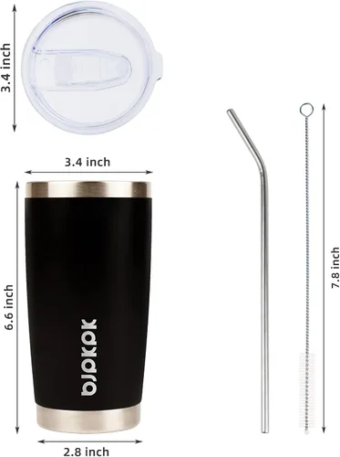 Miniatura 3 de BJPKPK - Vaso con aislamiento térmico de 20 onzas con tapa y pajilla, taza de café de acero inoxidable, color negro