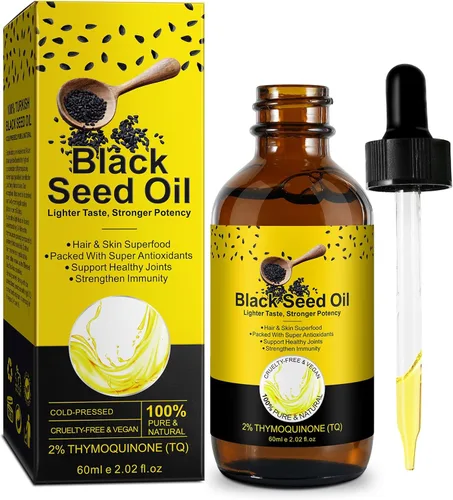 Aceite de semilla negra, aceite de semilla negra natural puro prensado en frío para el crecimiento del cabello y el cuidado de la piel, 2.02 onzas