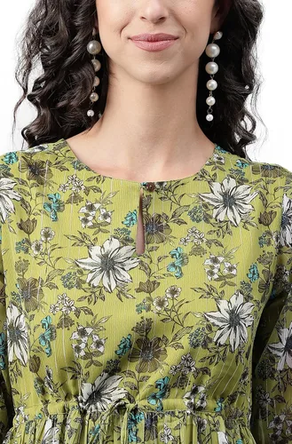 Miniatura 7 de Janasya Vestido acampanado con estampado floral de lúrex de gasa verde oliva para mujer india
