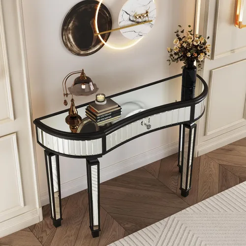 Miniatura 7 de Mesa consola de media luna de 47 pulgadas con cajón de cristal estriado y perilla de cristal, escritorio plateado para entrada, dormitorio, vestidor