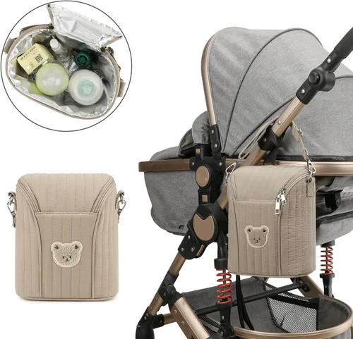 Miniatura 2 de Lmbabter Bolsa organizadora bordada para cochecito de oso, bolsa de aislamiento de botellas, almacenamiento portátil esencial para leche/extractor