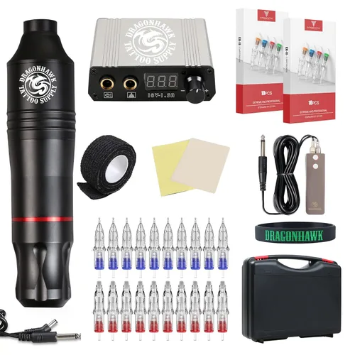 Miniatura 11 de Dragonhawk Pro Kit completo de bolígrafo de tatuaje, máquina ligera para tatuajes, 20 unidades, cartuchos, agujas, fuentes de alimentación para Kit