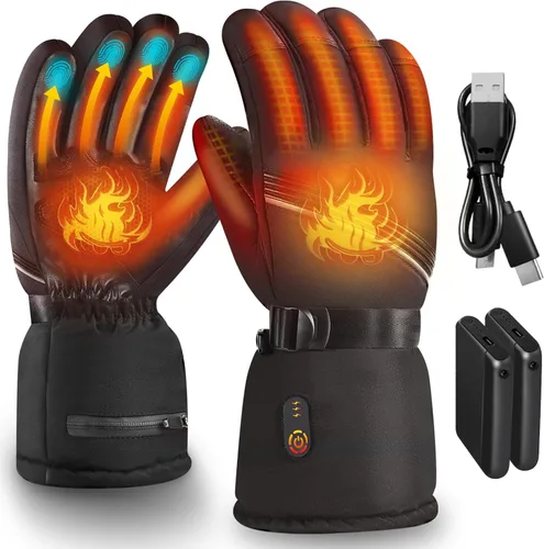 Orznez Guantes calefactables, guantes de invierno para hombres y mujeres con 2 baterías de 2600 mAh, guantes térmicos impermeables para clima frío