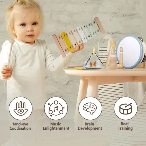 Miniatura 3 de Instrumentos musicales para bebés, juguetes Montessori de madera para niños pequeños de 1 a 3 años, colores neutros, juego de instrumentos de Neutral