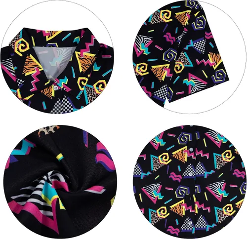 Miniatura 7 de Trajes de los años 80 y 90 para mujer, camisa de discoteca retro para fiesta temática de los años 80, camisa hawaiana de neón con botones y manga
