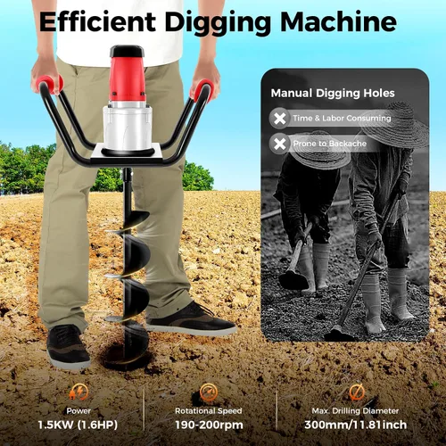 Miniatura 2 de Excavadora eléctrica de agujeros para postes de 1500 W con broca de taladro de 6 pulgadas, taladro de tierra de 1.6 HP para postes de valla