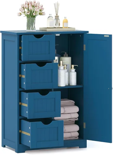 Miniatura 13 de GLACER Armario de piso de baño, armario de almacenamiento multifuncional con 4 cajones y 1 puerta, organizador de almacenamiento lateral de madera