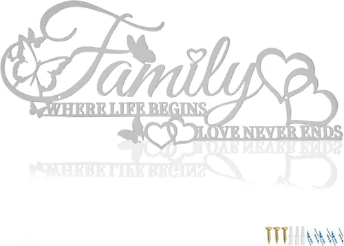 Letrero de metal familiar para pared, con texto en inglés "Where Life Begins Love Never Ends Heart Butterflies", escultura para colgar en la pared,