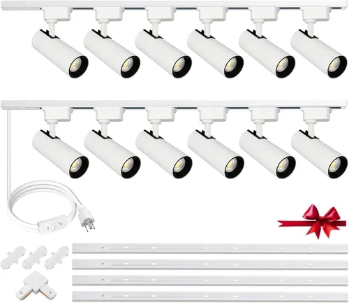 J&L - Kit de iluminación LED regulable tipo pista, 3000 K, blanco cálido, 12 luces, 25 W, 2700 lm, sistema de iluminación de pista con riel de 13