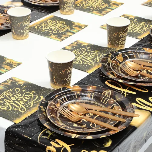 Miniatura 3 de Toyvian Suministros para fiestas de Año Nuevo 2026, platos de papel desechables, servilletas, tenedores, vasos, decoraciones de cena, platos de Año