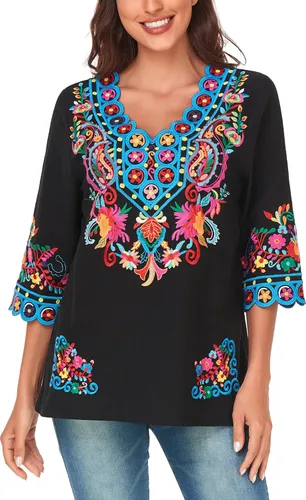 Miniatura 5 de YZXDORWJ Blusa de verano para mujer, estilo bohemio, estilo mexicano, con bordado bohemio