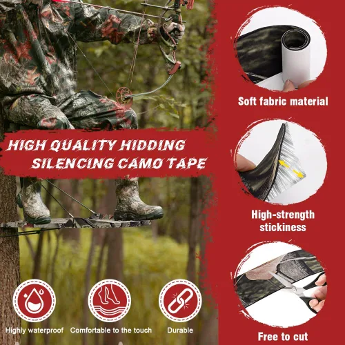 Miniatura 4 de Cinta silenciadora de camuflaje, 2 rollos de cinta autoadhesiva silenciadora de tela protectora para silenciar accesorios de caza de metal
