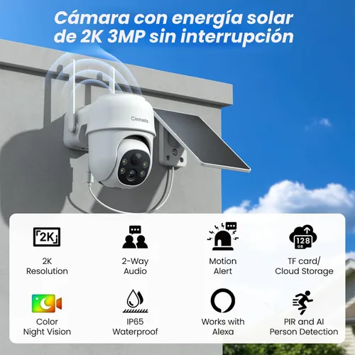 Miniatura 2 de Cámaras 2K para seguridad en el hogar, cámara inalámbrica WiFi de 2.4 G para exteriores, energía solar/batería con panel solar, visión de 360°