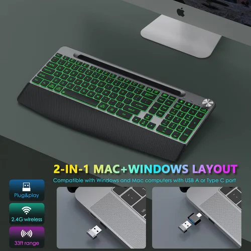 Miniatura 6 de JOYACCESS Ergonomic Wireless Keyboard with Phone Holder,Rechargeable Backlit Wireless Keyboard with Wrist Rest and Volume Knob for Laptop, PC, Mac