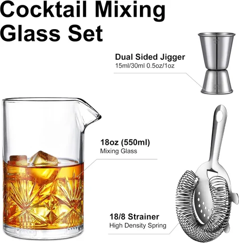 Miniatura 5 de Vaso mezclador de cóctel, kit de barman de cristal de 18 onzas, juego de cóctel de 3 piezas con colador, jigger, herramientas de bar, juego