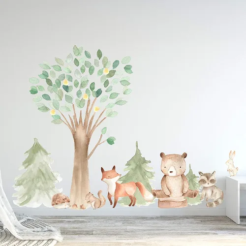 Miniatura 3 de InnovativeStencils - Calcomanía de pared de acuarela de bosque, pino y roble, criaturas animales – oso, zorro, mapache, conejo, ardilla