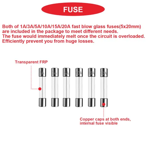 Miniatura 5 de 15 fusibles de 0.197 x 0.787 in tipo tornillo en línea con cable rojo de 16 AWG + 60 fusibles de tubo de vidrio de soplado rápido 250V 1A, 3A, 5A