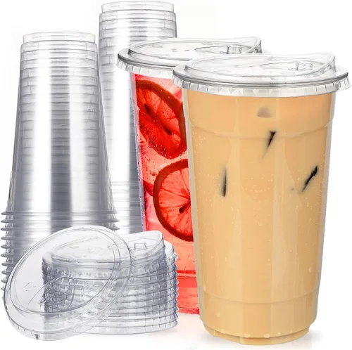 Copas de plástico transparente de 32 oz con tapas sin paja, 25 juegos de vasos desechables de plástico para café helado, vasos para llevar con tapas