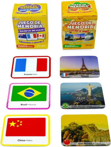 Miniatura 2 de Menique Paquete de juego de memoria español – Banderas del Mundo + Explora el Mundo – 200 cartas, 100 pares – Banderas, capitales y lugares icónicos