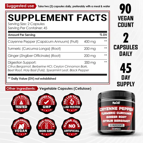 Miniatura 2 de Suplementos de pimienta de cayena Extracto 10:1 con raíz de curcumina de cúrcuma, raíz de jengibre, bergamota cítrica y más, salud digestiva