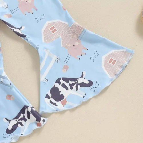 Miniatura 20 de fhutpw Conjunto de camiseta de manga corta con estampado de vaca y pantalones acampanados de dibujos animados para niñas