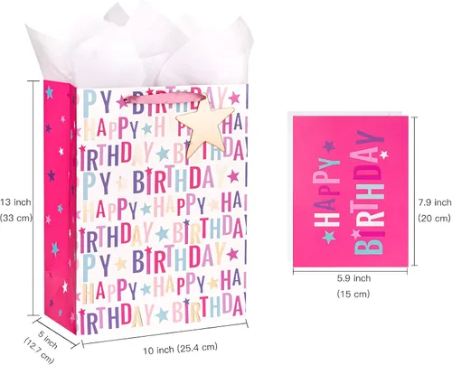 Miniatura 2 de LeZakaa Bolsa de regalo de cumpleaños de 13 pulgadas, bolsa de regalo mediana rosa con papel de seda, etiqueta de regalo y tarjeta, letras de feliz