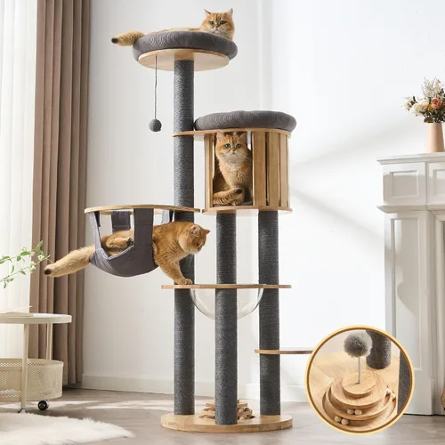Miniatura 10 de Árbol Moderno de Madera Maciza para Gatos Adultos Grandes de Interior, Torre para Gatos de 50 Pulgadas de Alto con Postes Rascadores de Sisal, 50.0